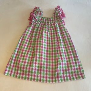 Classic Whimsy pink/white/green checked dress with Pom Pom sleeves.
